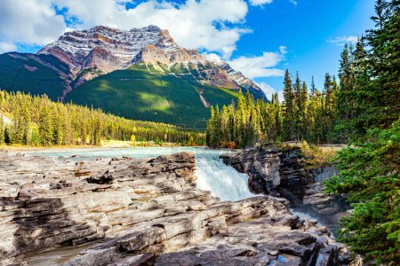 Téléchargez les photos : Rocheuses canadiennes. Athabasca Falls est la cascade la plus puissante de l'Alberta. La magnifique couleur turquoise de l'eau. Parc national Jasper. - en image libre de droit