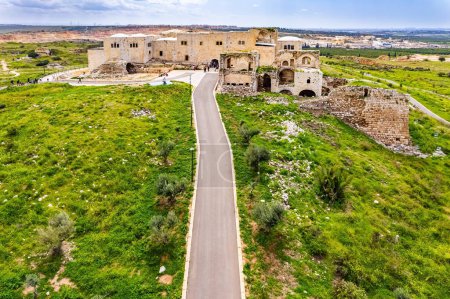 Téléchargez les photos : Israël. Ruines pittoresques de la ville antique. Route asphaltée. Filmer depuis un drone. Vue aérienne. Tel Afek /Antipatrida/, Yarkon Park - en image libre de droit