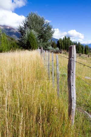 Wooden fence crosses a field. Fields and mountains surround the famous highway 40. Argentina. Travel to South America. Charming rural pastoral. 