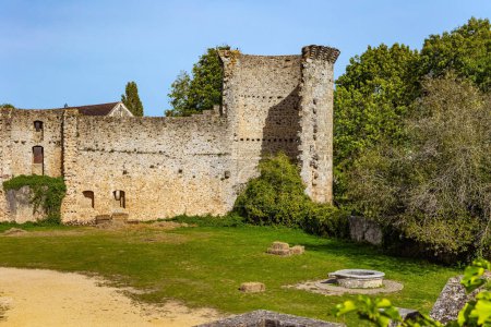 Der Burghof ist mit Gras bewachsen. Verteidigungsmauern und runde Steinquellen. Das Chateau de la Madeleine in Chevreuse. Frankreich. Die Region Ile-de-France. 