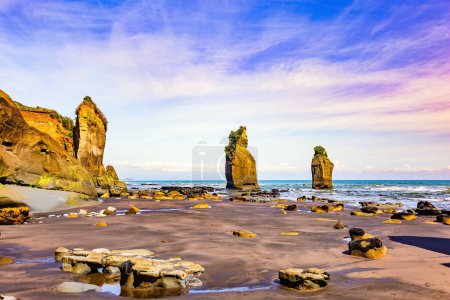  Isla Norte. Nueva Zelanda. La playa de Tongaporutu en la costa del Pacífico. La marea baja expuso la franja costera del océano. Viaje mágico hasta los confines del mundo. 