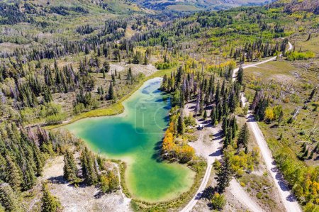  La photo a été prise à partir d'une vue aérienne à l'aide d'un drone. Utah, États-Unis. Magnifique petit lac au milieu d'épinettes et de pins à feuilles persistantes. 