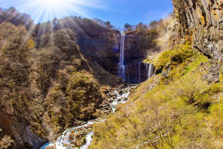 Bright spring sun. Spring in Japan. Kegon Falls is one of the most beautiful natural wonders of Japan. It is one of the three highest Japanese waterfalls. 
