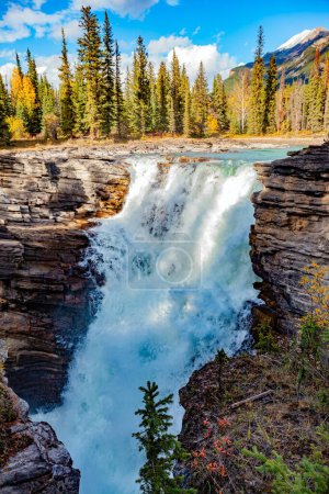 Verschiedene Felsen schufen die mehrschichtige Struktur der Felsen und der Schlucht. Jasper Park. Kanadische Rockies. Athabasca Falls ist der mächtigste Wasserfall in Alberta.
