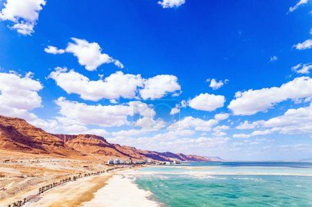 Israel. The Dead Sea is international resort for treatment and relaxation. Filming from a drone. The Dead Sea is the saltiest body of water in the world. The picturesque embankment 