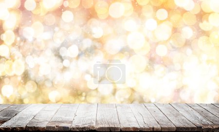 Photo for Christmas table background with winter bokeh backdrop. For display your product - Royalty Free Image