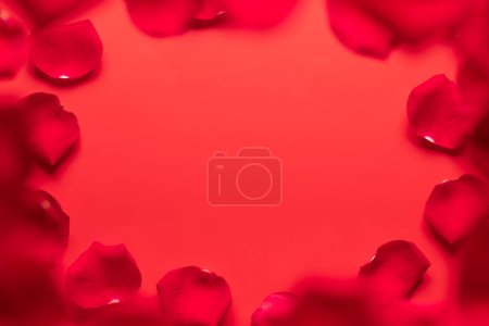 Foto de Plantilla de tarjeta de felicitación de San Valentín con pétalos de rosa sobre fondo rojo. Piso yacía con espacio para sus saludos de amor - Imagen libre de derechos