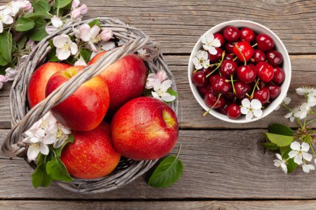 Foto de Manzanas rojas maduras y cereza sobre mesa de madera. Vista superior plano laico - Imagen libre de derechos