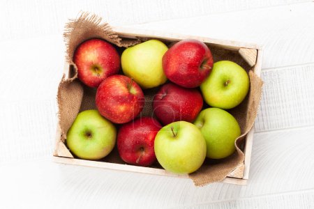 Téléchargez les photos : Fruits de pomme mûrs colorés en boîte sur une table en bois. Vue du dessus plat lay - en image libre de droit