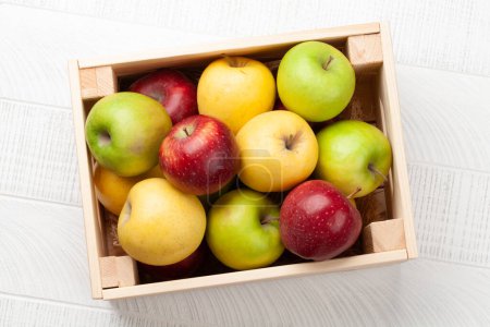 Foto de Coloridos frutos maduros de manzana en caja sobre mesa de madera. Vista superior plano laico - Imagen libre de derechos