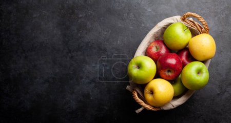 Photo for Colorful ripe apple fruits in basket on stone table. Top view flat lay with copy space - Royalty Free Image