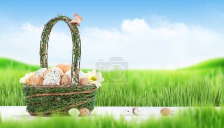 Téléchargez les photos : Carte de vœux de Pâques avec œufs de Pâques et fleurs dans le panier. Avec espace de copie - en image libre de droit