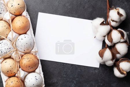 Foto de Huevos de Pascua y flor de algodón. Tarjeta de felicitación de primavera con espacio para copiar. Vista superior plano laico - Imagen libre de derechos
