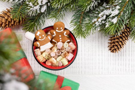 Photo for Gingerbread man cookies in a cup with marshmallow. Christmas holiday with copy space - Royalty Free Image
