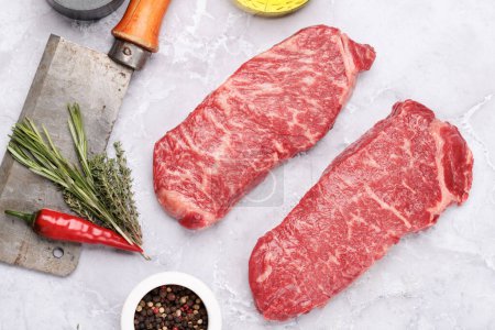 Photo for Prime marbled beef steaks. Raw sirloin steak. Flat lay - Royalty Free Image