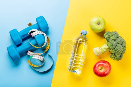 Photo for Fitness, training and healthy food, diet concept. Flat lay - Royalty Free Image