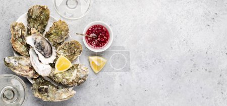 Photo for Fresh oysters with glasses of sparkling wine. Flat lay with copy space - Royalty Free Image