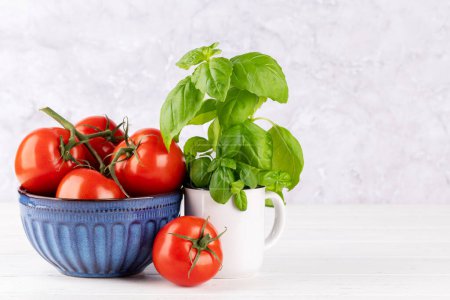 Foto de Ingredientes para cocinar. Cocina italiana. Tomates maduros y albahaca de jardín. Con espacio de copia - Imagen libre de derechos