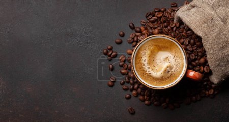 Photo for Fresh espresso coffee and roasted coffee beans in bag. Top view flat lay with copy space - Royalty Free Image