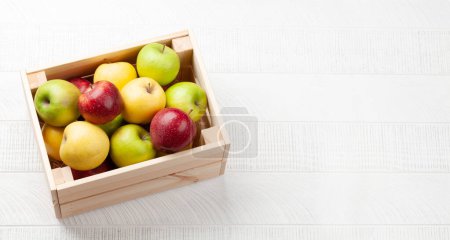 Foto de Coloridos frutos maduros de manzana en caja sobre mesa de madera. Vista superior con espacio de copia - Imagen libre de derechos