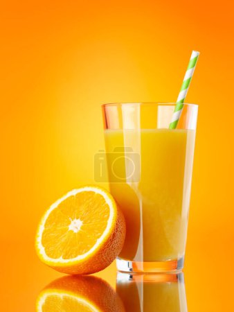Photo for Fresh orange juice in a glass and half of orange fruit over orange background - Royalty Free Image