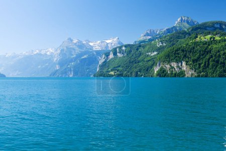 Photo for Panoramic view of lake in the Alps mountains with snow in Switzerland - Royalty Free Image