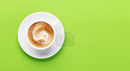 Photo for Espresso coffee on green background. Flat lay with copy space - Royalty Free Image