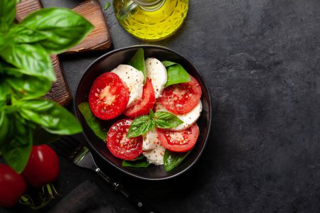 Téléchargez les photos : Salade caprese aux tomates fraîches, basilic de jardin et fromage mozzarella. Vue du dessus plat avec espace de copie - en image libre de droit