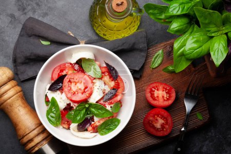 Téléchargez les photos : Salade caprese aux tomates fraîches, basilic de jardin et fromage mozzarella. Vue du dessus plat lay - en image libre de droit