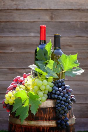 Foto de Varias uvas coloridas y botellas de vino en el barril de vino en el jardín soleado al aire libre en frente de la pared de madera - Imagen libre de derechos