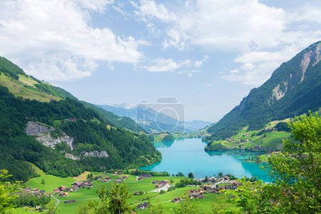Photo for Panoramic view of lake, countryside, green alpine meadows and the Alps mountains in Switzerland - Royalty Free Image