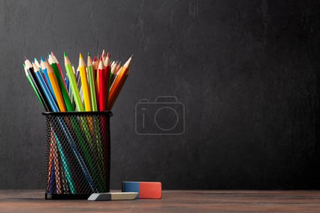 Photo for Colorful pencils and blackboard for copy space. School and education template - Royalty Free Image