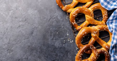 Photo for Freshly baked homemade pretzels. Flat lay with copy space - Royalty Free Image