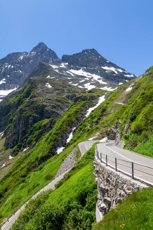 Photo for Panoramic view road in the Alps mountains with snow in Switzerland - Royalty Free Image