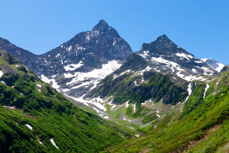 Foto de Vista panorámica de verdes prados alpinos y montañas de los Alpes con nieve en Suiza - Imagen libre de derechos