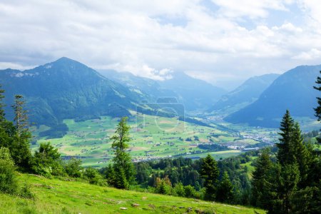 Foto de Vista panorámica del campo, los verdes prados alpinos y las montañas de los Alpes en Suiza - Imagen libre de derechos