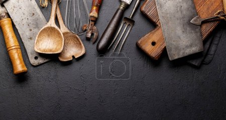 Photo for Cooking utensils on kitchen table. Flat lay with copy space - Royalty Free Image