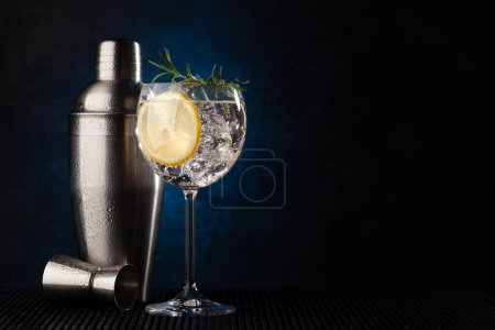 Foto de Coctelera y cóctel gin tonic sobre fondo oscuro con espacio para copiar - Imagen libre de derechos