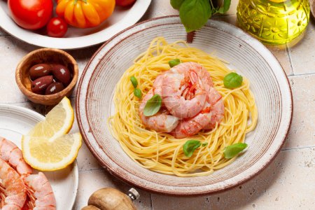 Photo for Pasta with shrimps. Italian cuisine - Royalty Free Image