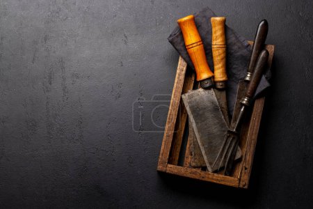 Photo for Cooking utensils in box on kitchen table. Flat lay with copy space - Royalty Free Image