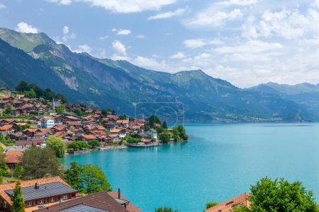 Photo for Panoramic view of lake, countryside and the Alps mountains in Switzerland - Royalty Free Image