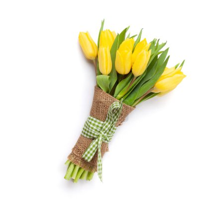 Photo for Yellow tulip flowers bouquet on white background. Isolated on white. Top view flat lay - Royalty Free Image