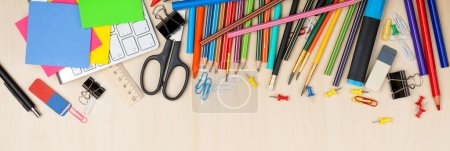 Photo for School and office supplies over office table. Flat lay with copy space - Royalty Free Image