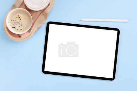 Photo for Tablet with blank screen. Flat lay with copy space - Royalty Free Image