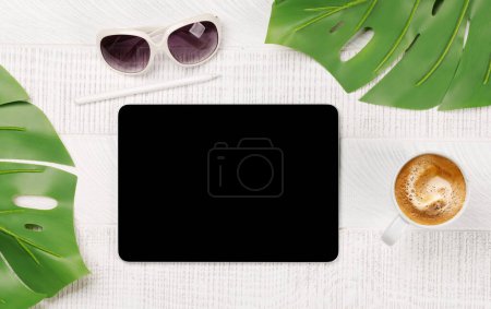 Photo for Tablet with blank screen. Flat lay with copy space - Royalty Free Image