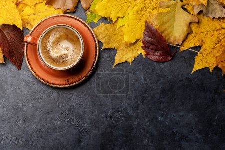 Photo for Coffee cup and autumn leaves. Flat lay with copy space - Royalty Free Image