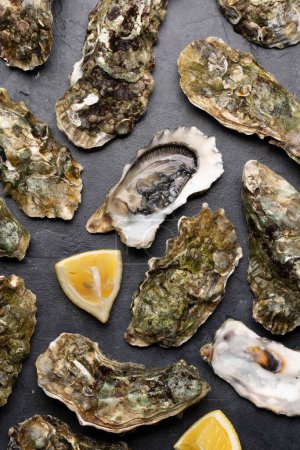 Foto de Fresh oysters with lemons. Flat lay - Imagen libre de derechos