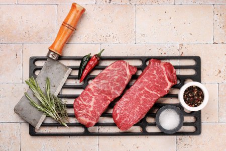 Photo for Prime marbled beef steaks. Raw sirloin steak. Flat lay - Royalty Free Image