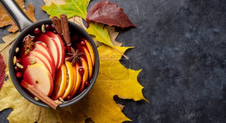 Téléchargez les photos : Vin chaud chaud avec des fruits et des épices. Cocktail d'automne. Pose plate avec espace de copie - en image libre de droit