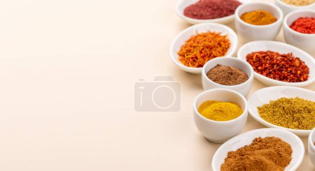 Foto de Various dried spices in small bowls with copy space - Imagen libre de derechos